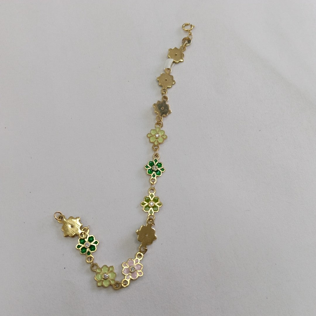 PULSERA ESPECIAL FLORES CON ESMALTE 14K 18 CM 4.5 GR (NUEVO)