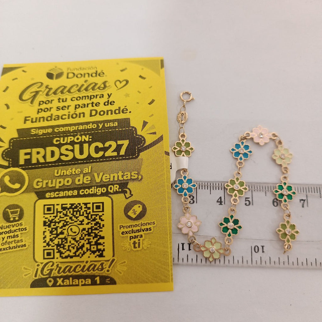 PULSERA ESPECIAL FLORES CON ESMALTE 14K 18 CM 4.6 GR (NUEVO)