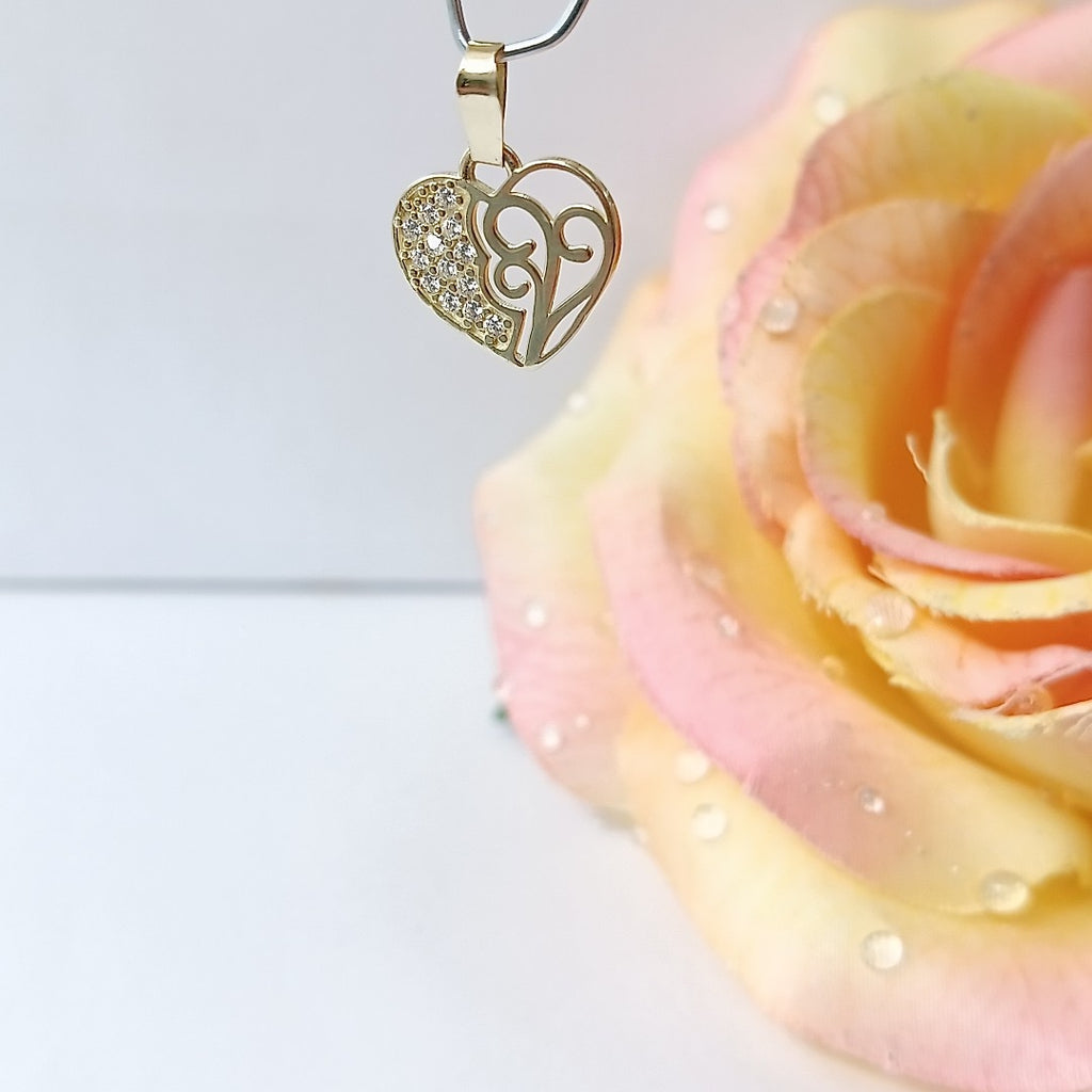 DIJE TEJIDO CORAZON CON CIRCONIAS Y ARBOL DE LA VIDA 14K 0.9 GR (NUEVO)