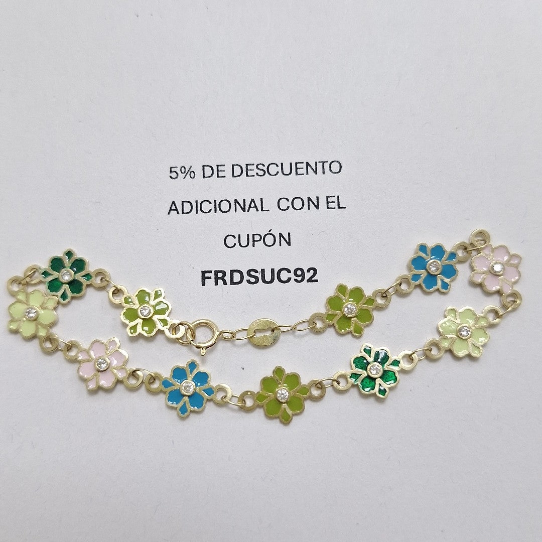 PULSERA ESPECIAL FLORES CON ESMALTE 14K 18 CM 4.5 GR (NUEVO)