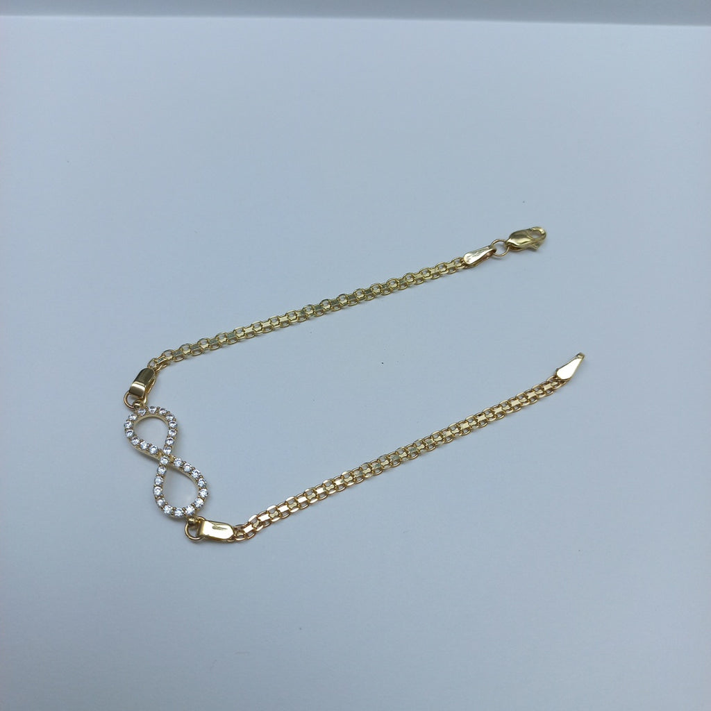 PULSERA TEJIDO ESPECIAL CON INFINITO Y CIRCONIAS 14K 18 CM 3.3 GR (NUEVO)