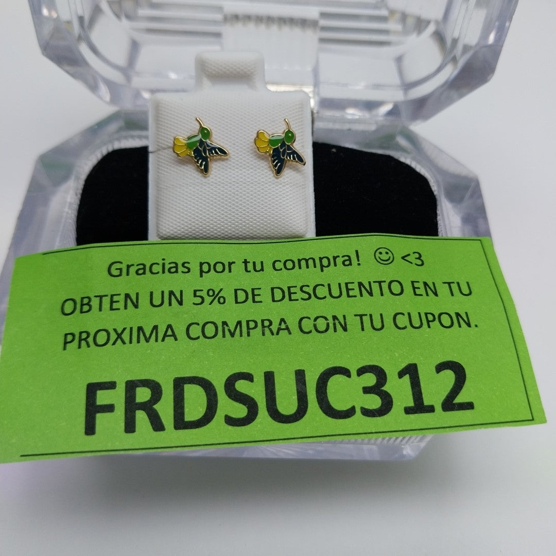 BROQUELES BROQUEL FIG COLIBRI ESMALTE VERDE 14K 0.2138 GR (NUEVO)