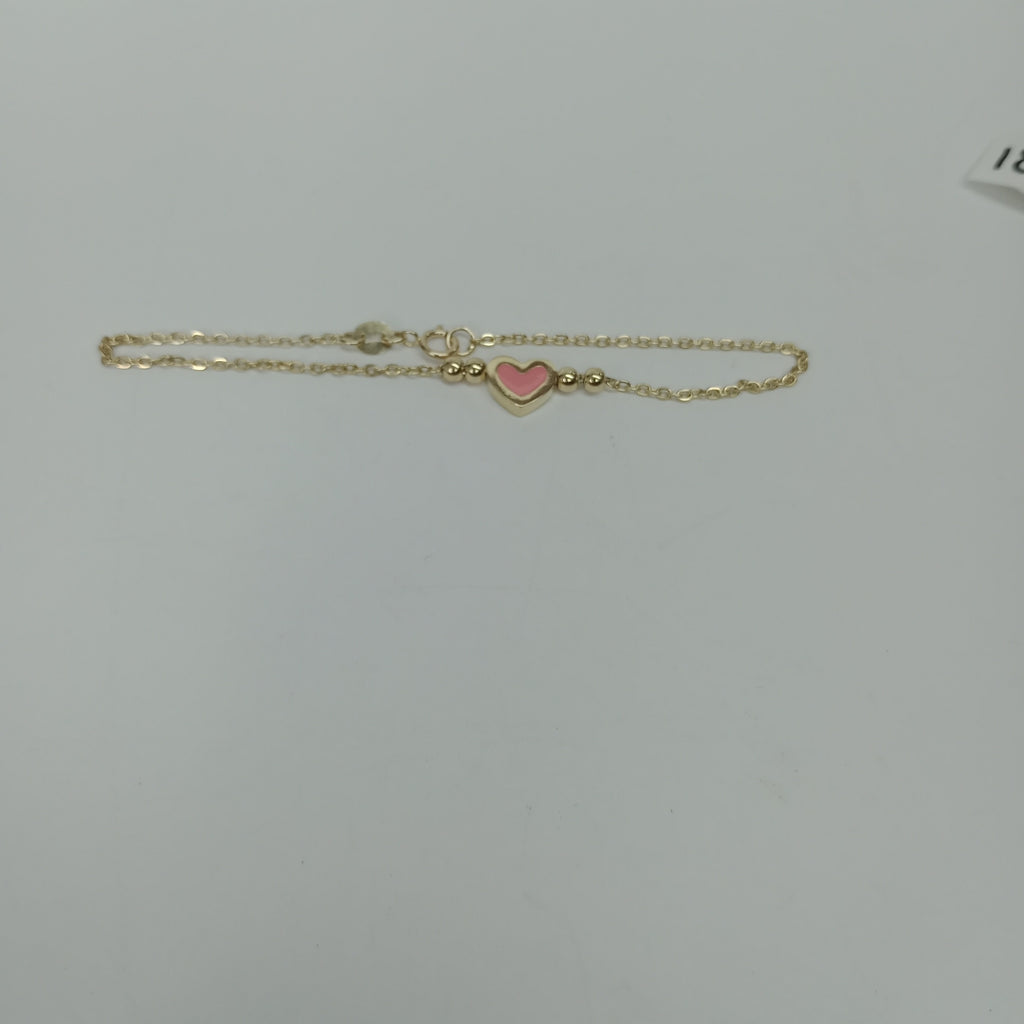 PULSERA TEJIDO ESPECIAL CON FIGURA CORAZON CON ESMALTE ROSA 14K 18 CM 2 GR (NUEVO)