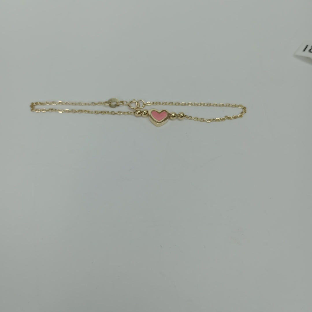 PULSERA TEJIDO ESPECIAL CON FIGURA CORAZON CON ESMALTE ROSA 14K 18 CM 2 GR (NUEVO)