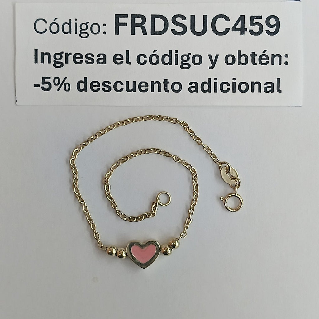PULSERA TEJIDO ESPECIAL CON FIGURA CORAZON CON ESMALTE ROSA 14K 18 CM 1.9 GR (NUEVO)