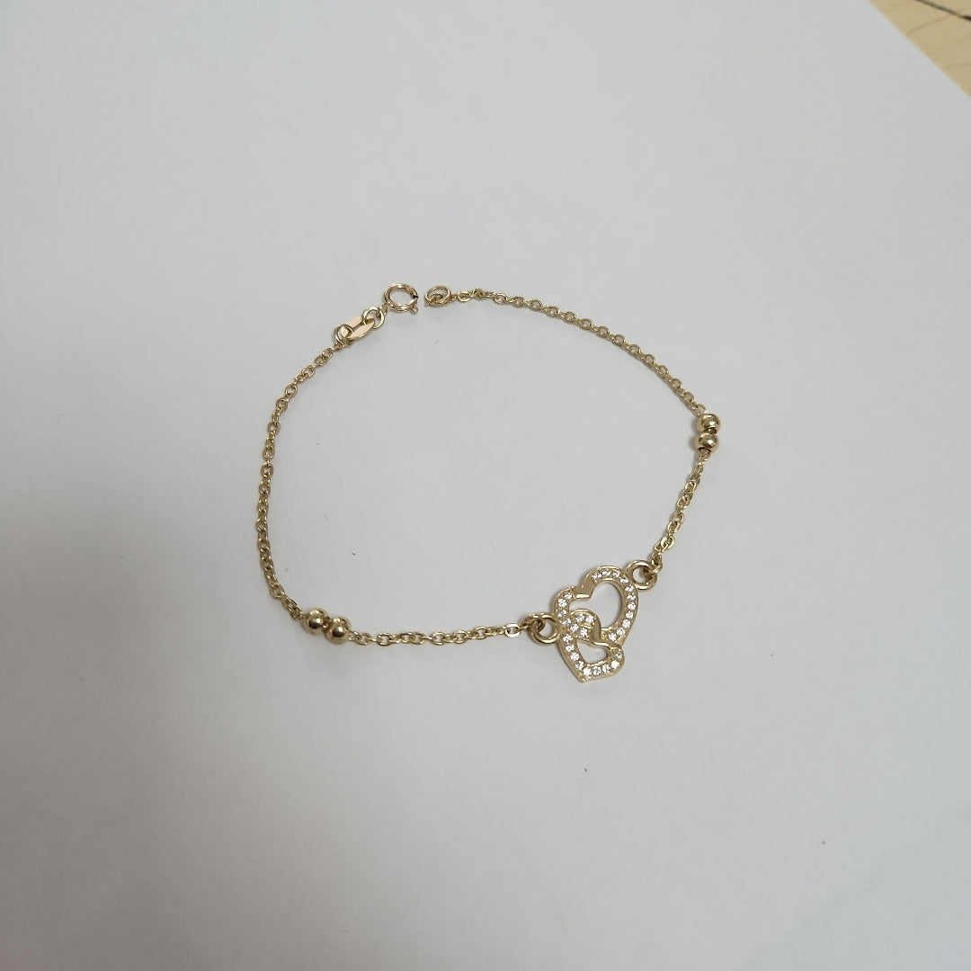 PULSERA TEJIDO ESPECIAL CORAZONES CON CIRCONIAS 14K 18 CM 2.4 GR (NUEVO)