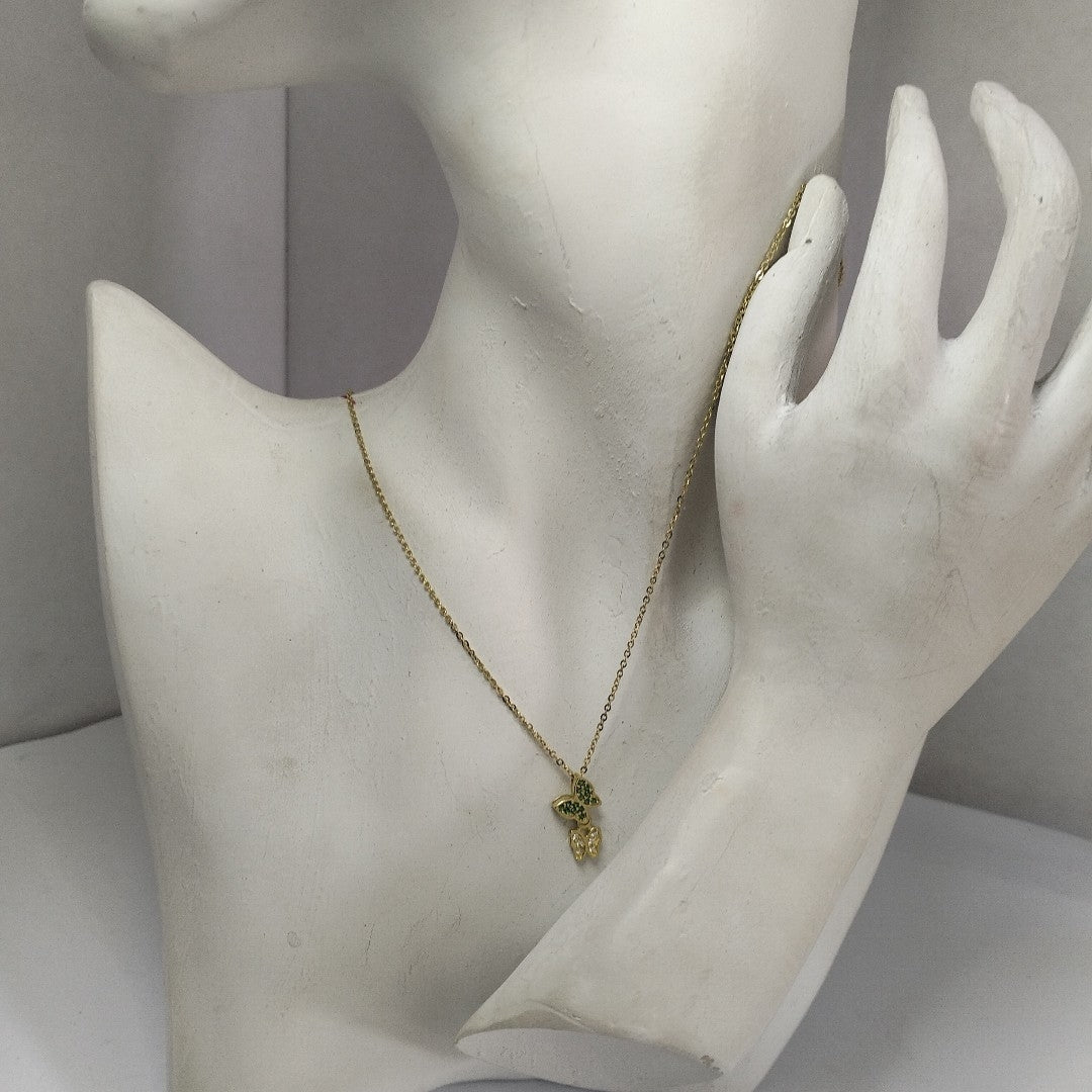 CADENA TEJIDO GARGANTILLA CON DIJE MARIPOSAS CIRCONIAS Y PIEDRAS DE COLOR 14K 45 CM 1.9 GR (NUEVO)