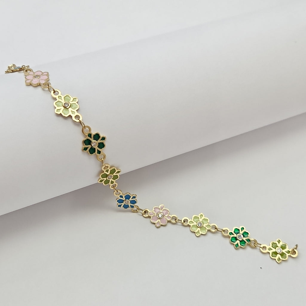 PULSERA ESPECIAL FLORES CON ESMALTE 14K 18 CM 4.6 GR (NUEVO)