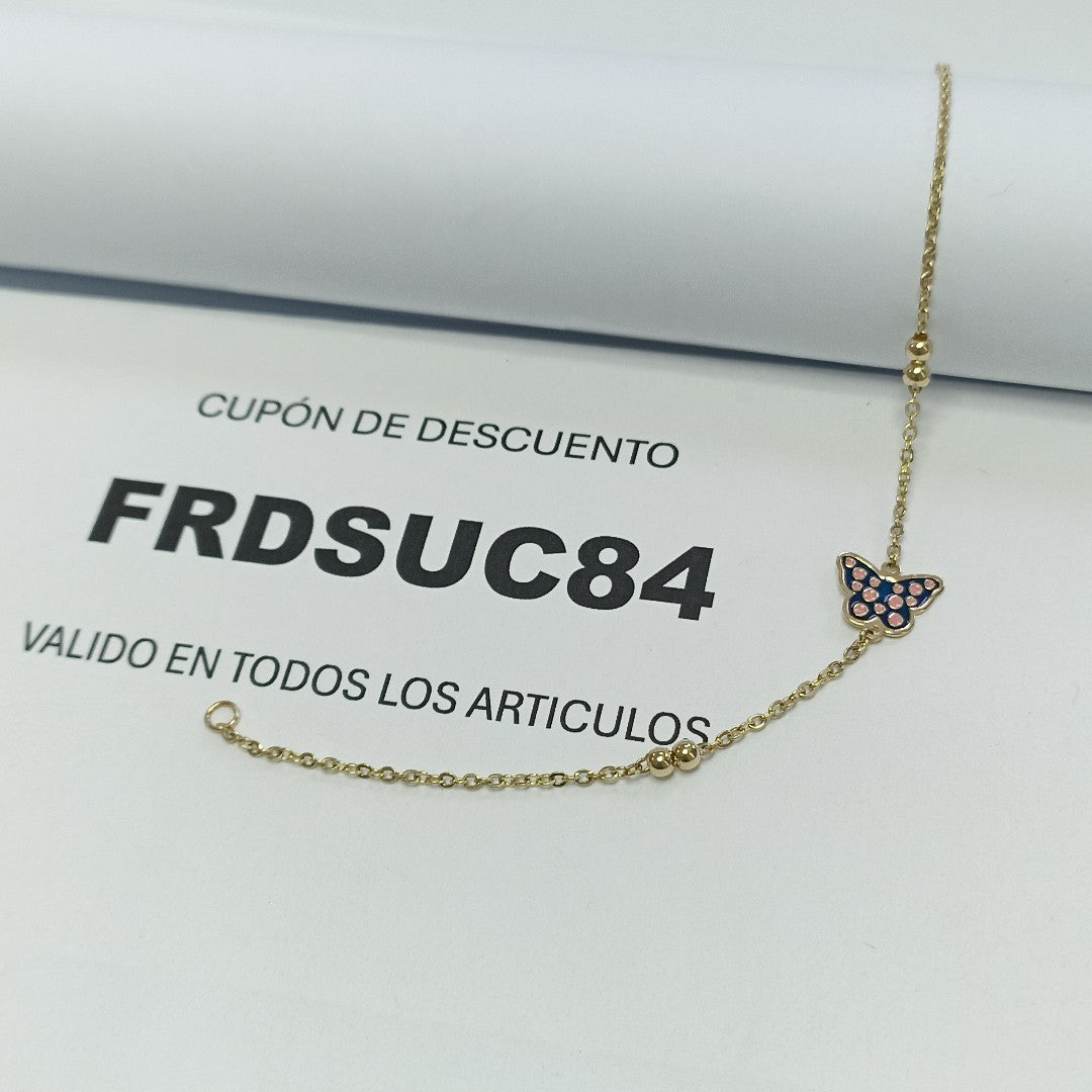 PULSERA TEJIDO ESPECIAL MARIPOSA CON ESMALTE 14K 18 CM 1.8 GR (NUEVO)
