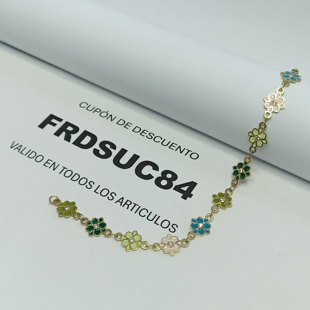 PULSERA ESPECIAL FLORES CON ESMALTE 14K 18 CM 4.6 GR (NUEVO)