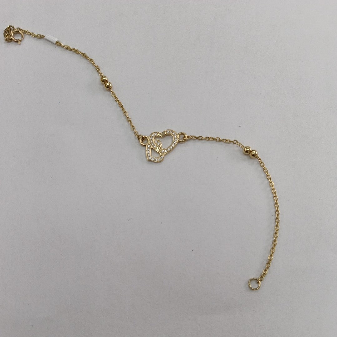 PULSERA TEJIDO ESPECIAL CORAZONES CON CIRCONIAS 14K 18 CM 2.4 GR (NUEVO)