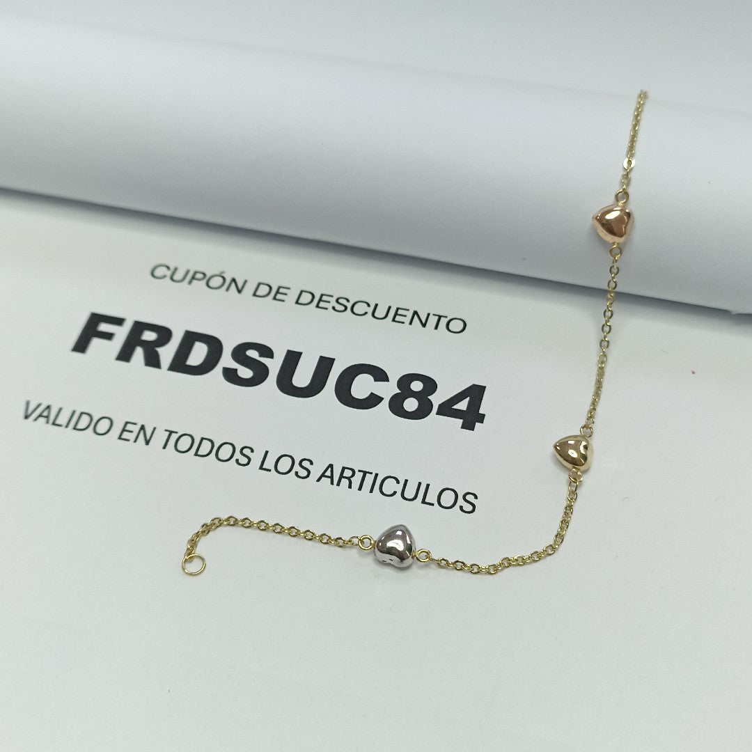 PULSERA ESP CON CORAZONES COMBINADOS 14K 18 CM 1.6 GR (NUEVO)