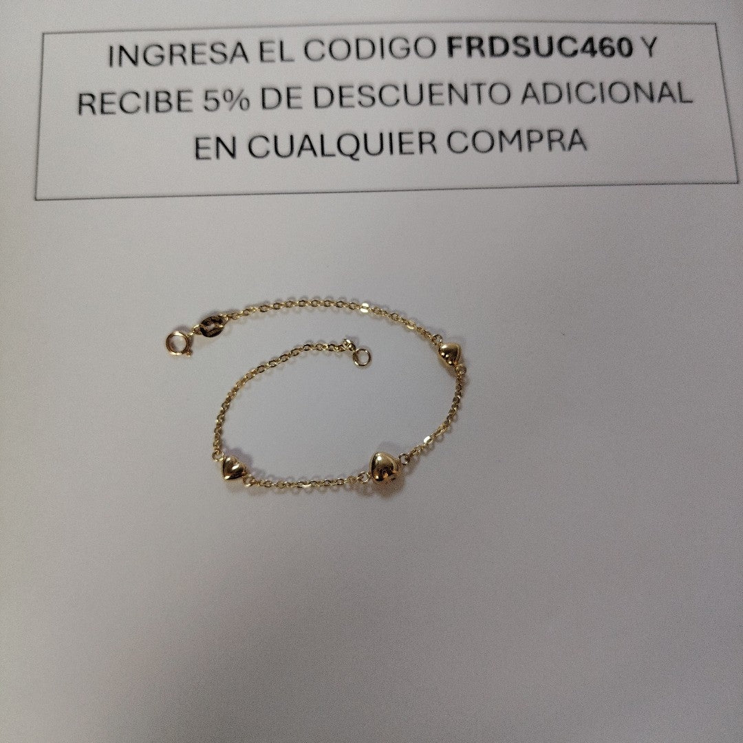 PULSERA TEJIDO ESPECIAL CON CORAZONES 14K 18 CM 1.6 GR (NUEVO)