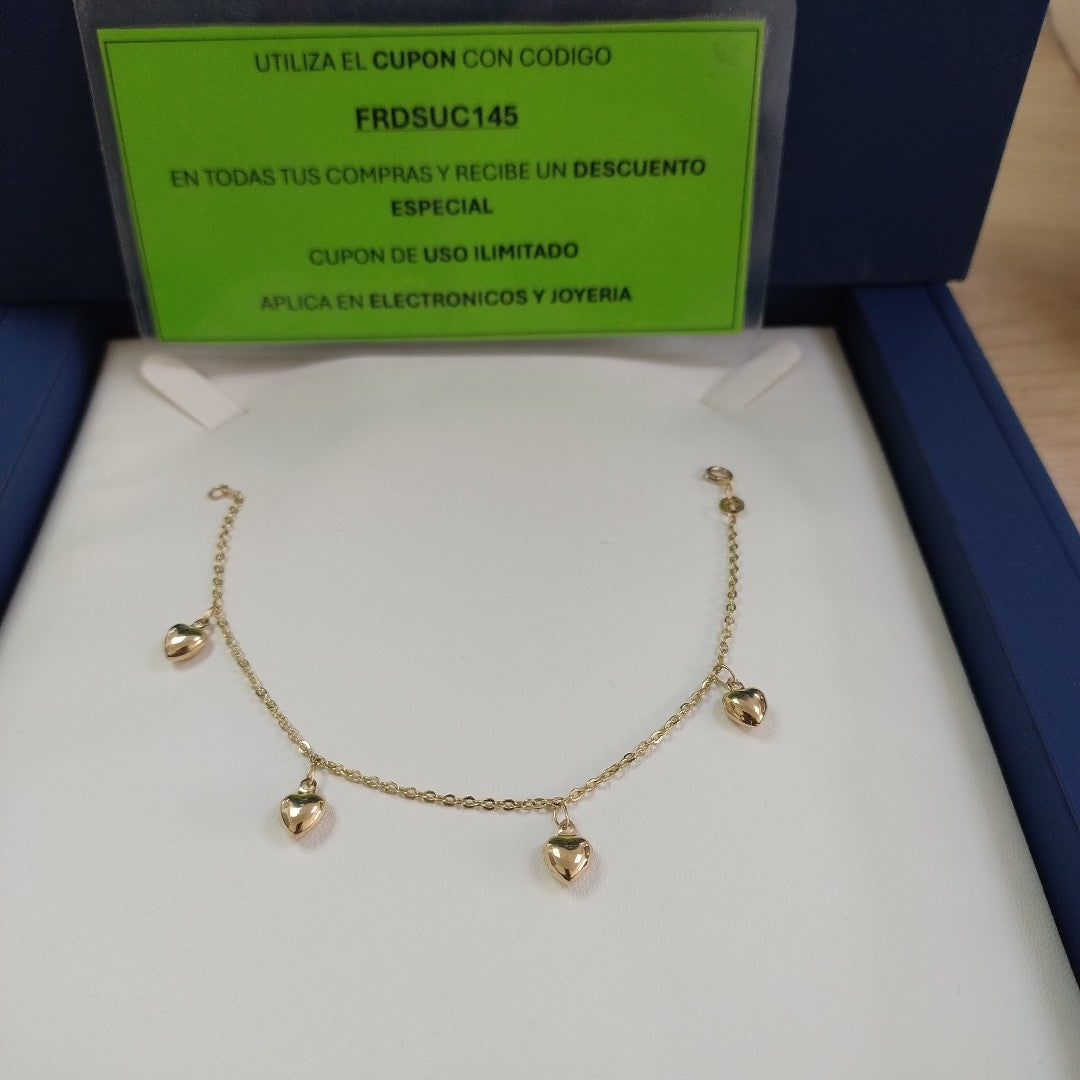 PULSERA ESP CON FIG CORAZONES 14K 18 CM 1.7 GR (NUEVO)