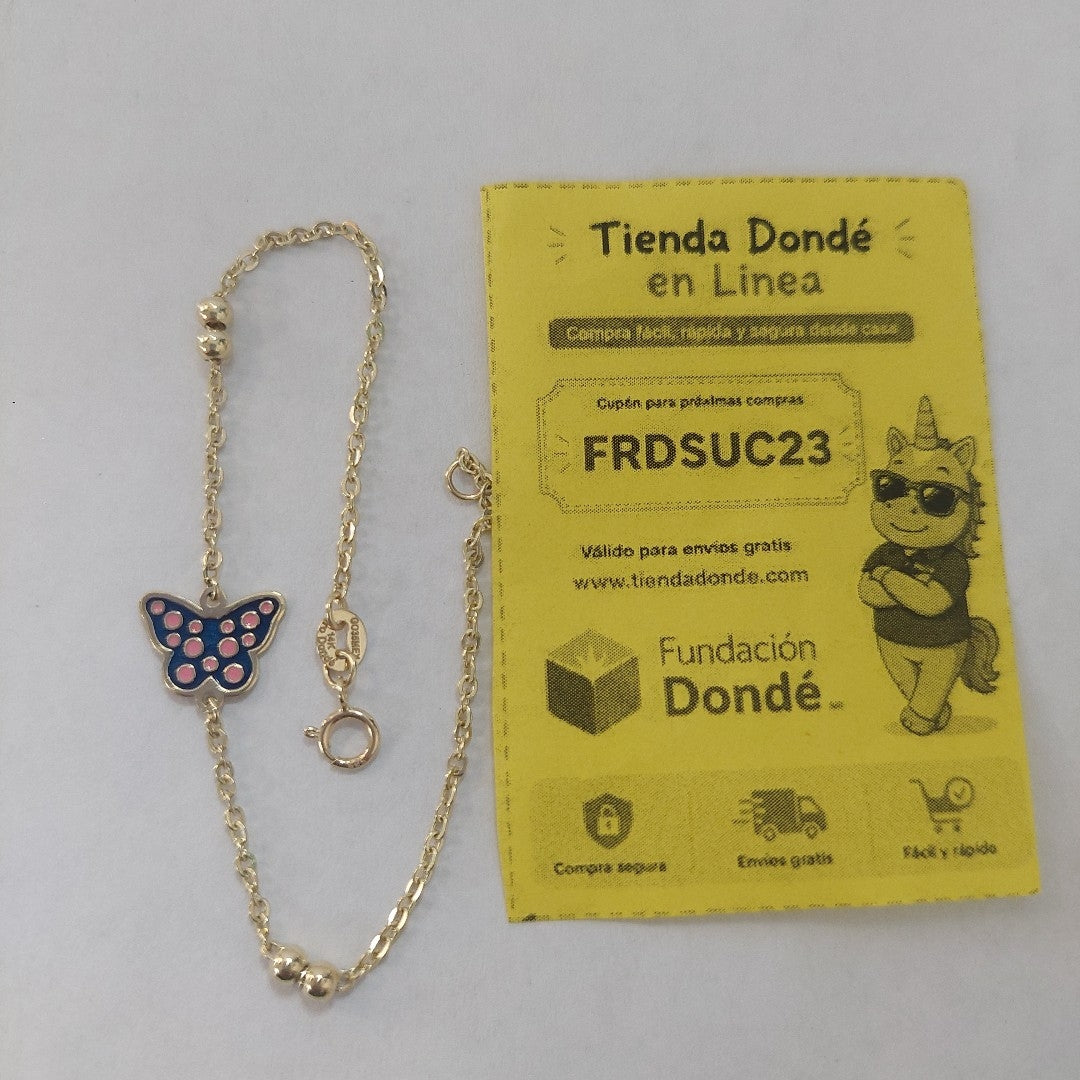 PULSERA TEJIDO ESPECIAL MARIPOSA CON ESMALTE 14K 18 CM 1.8 GR (NUEVO)