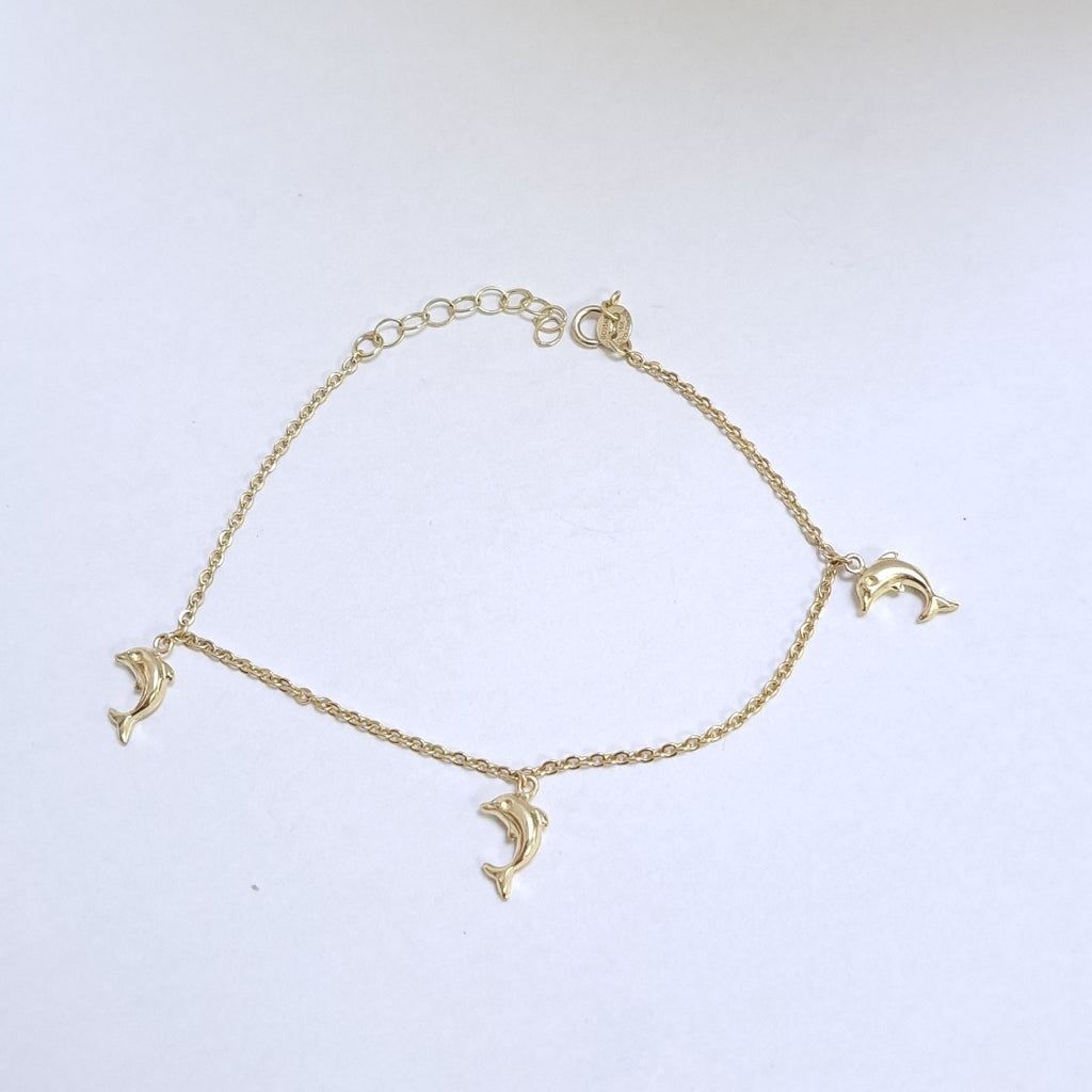 PULSERA ESPECIAL CON DIJES DELFINES 10K 18 CM 2 GR (NUEVO)