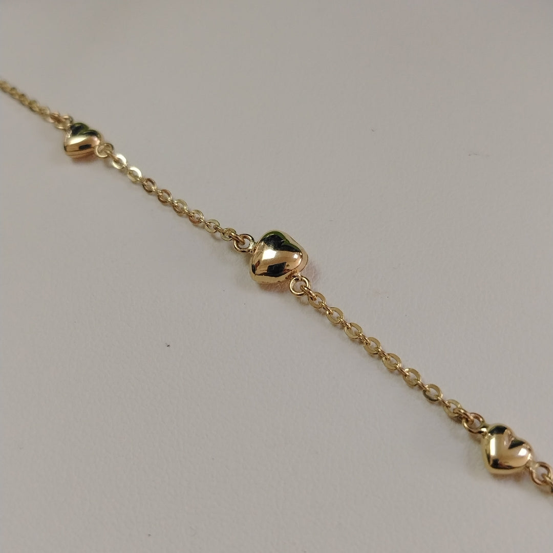 PULSERA TEJIDO ESPECIAL CON CORAZONES 14K 18 CM 1.7 GR (NUEVO)