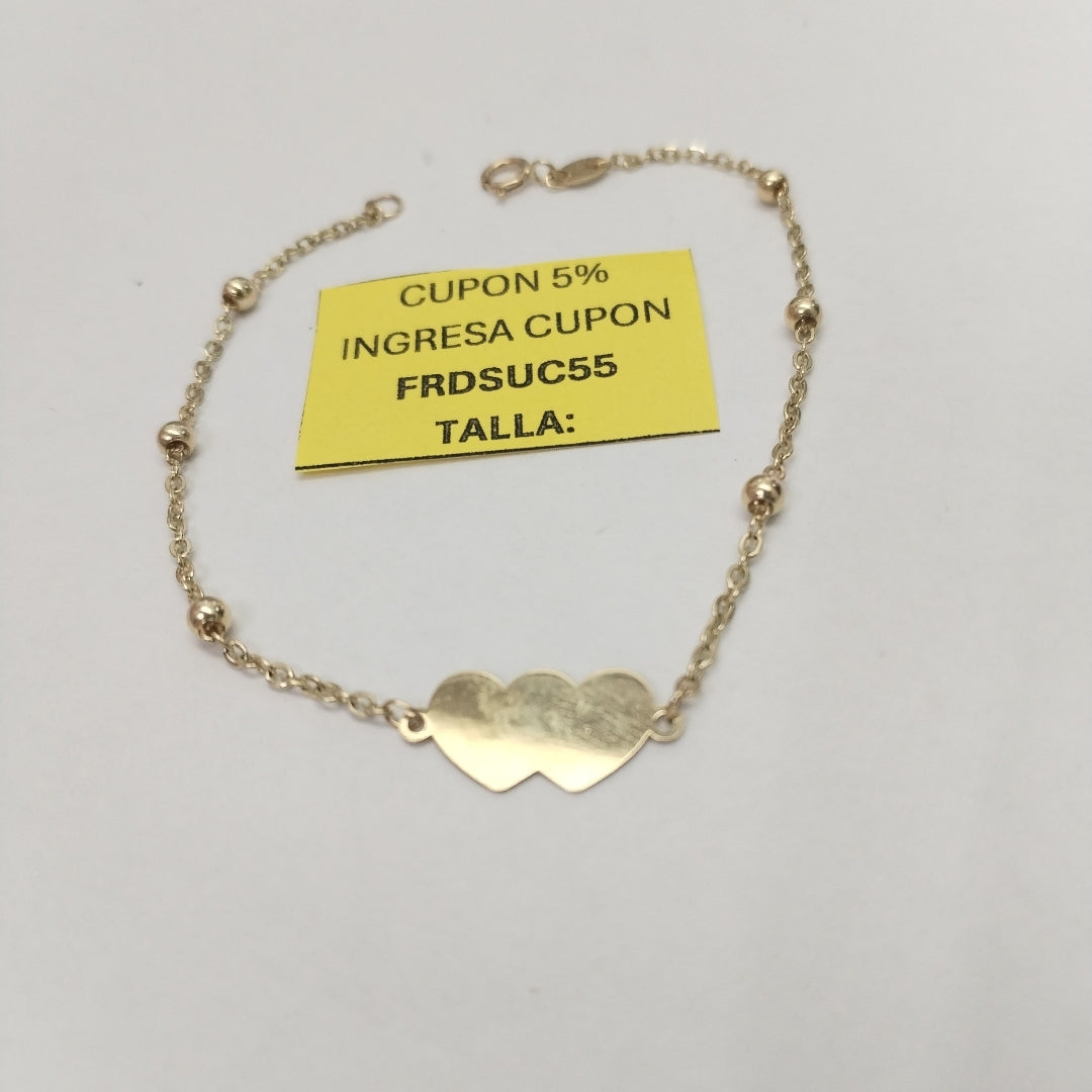 PULSERA TEJIDO ESPECIAL CON DOS CORAZONES 14K 18 CM 1.7 GR (NUEVO)