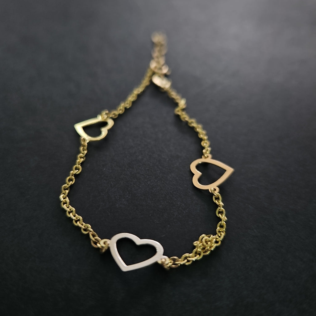 PULSERA ESPECIAL CON CORAZONES CONBINADOS 14K 18 CM 1.7 GR (NUEVO)