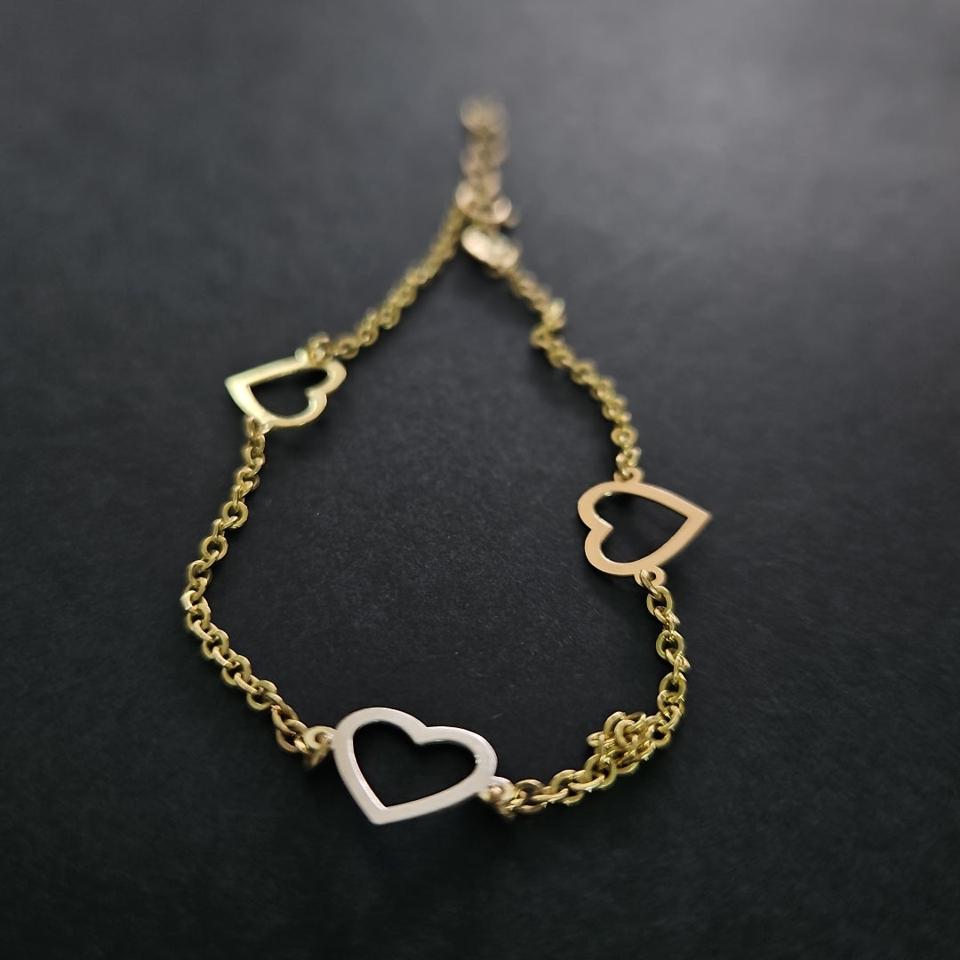 PULSERA ESPECIAL CON CORAZONES CONBINADOS 14K 18 CM 1.7 GR (NUEVO)