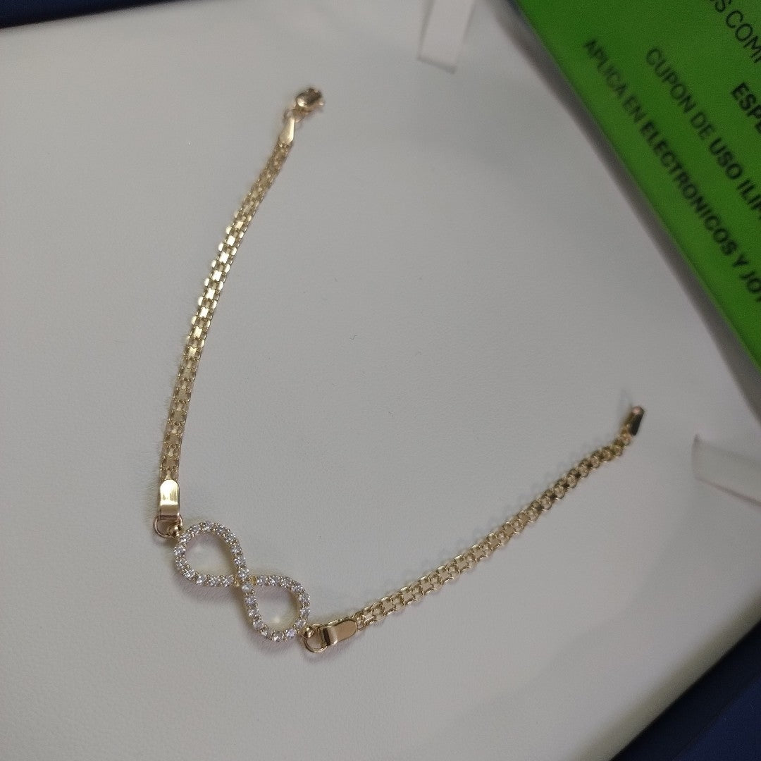PULSERA TEJIDO ESPECIAL CON INFINITO Y CIRCONIAS 14K 18 CM 3.4 GR (NUEVO)