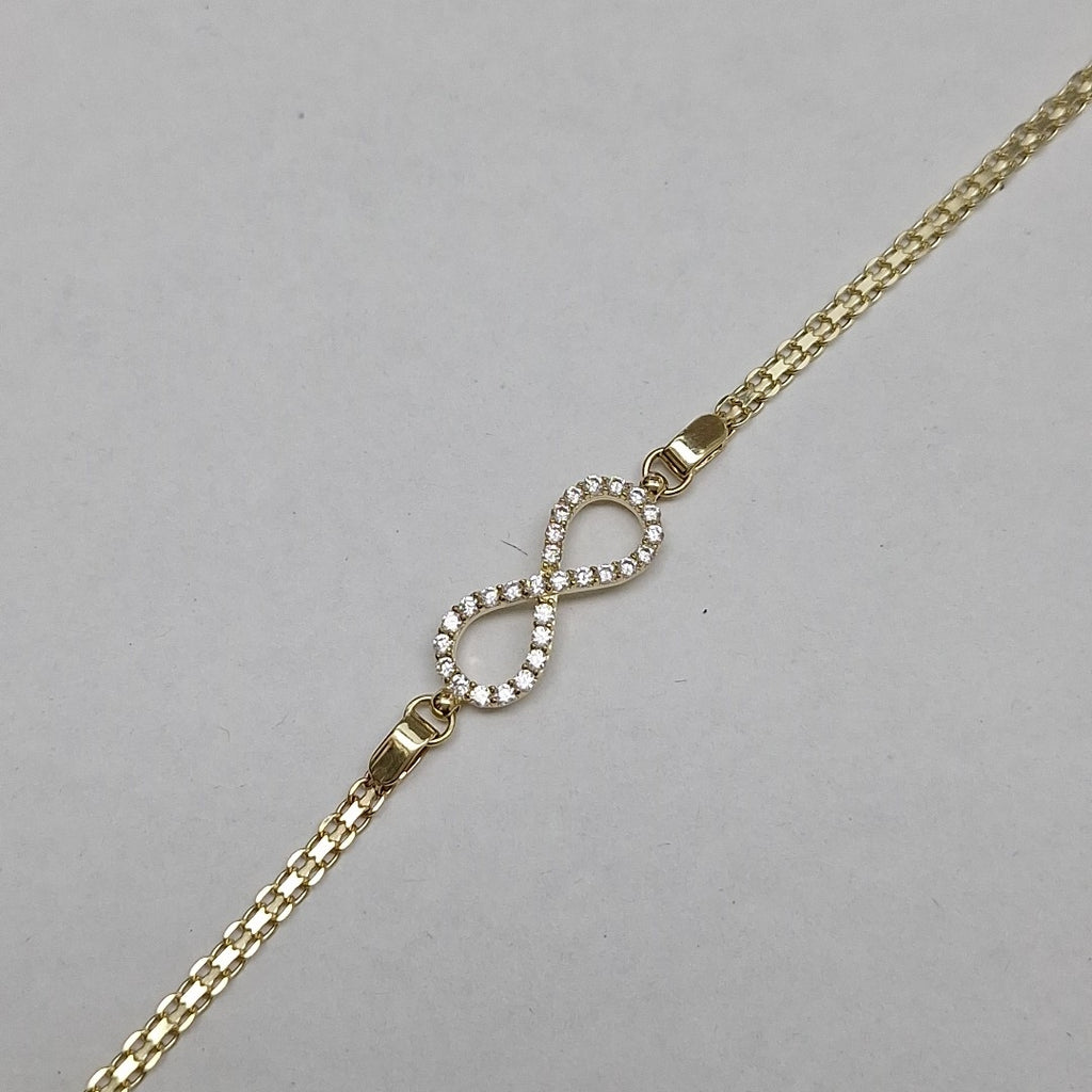 PULSERA TEJIDO ESPECIAL CON INFINITO Y CIRCONIAS 14K 18 CM 3.4 GR (NUEVO)