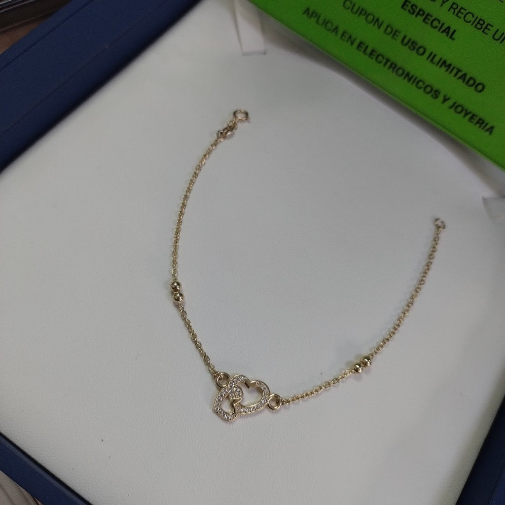 PULSERA TEJIDO ESPECIAL CORAZONES CON CIRCONIAS 14K 18 CM 2.4 GR (NUEVO)
