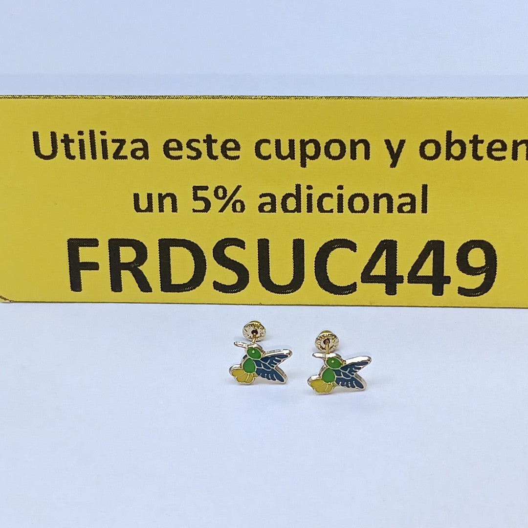 BROQUELES BROQUEL FIG COLIBRI ESMALTE VERDE 14K 0.2138 GR (NUEVO)