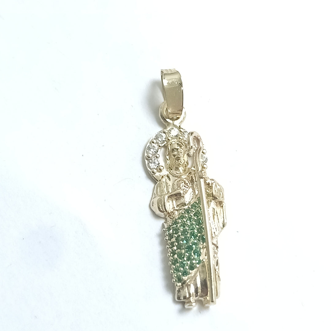 DIJE SAN JUDAS CON PIEDRAS DE COLOR 14K 1.6 GR (NUEVO)