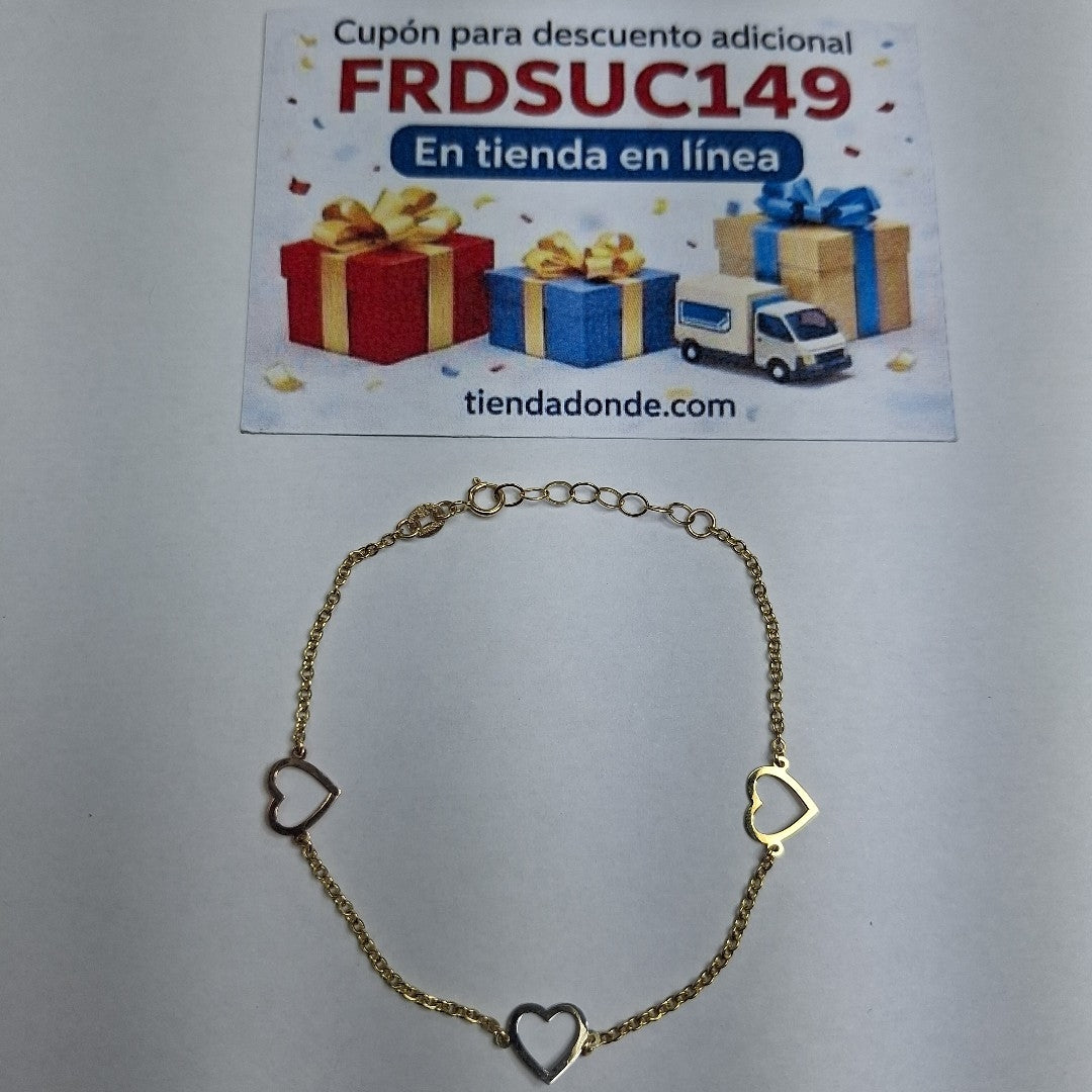 PULSERA ESPECIAL CON CORAZONES CONBINADOS 14K 18 CM 1.7 GR (NUEVO)