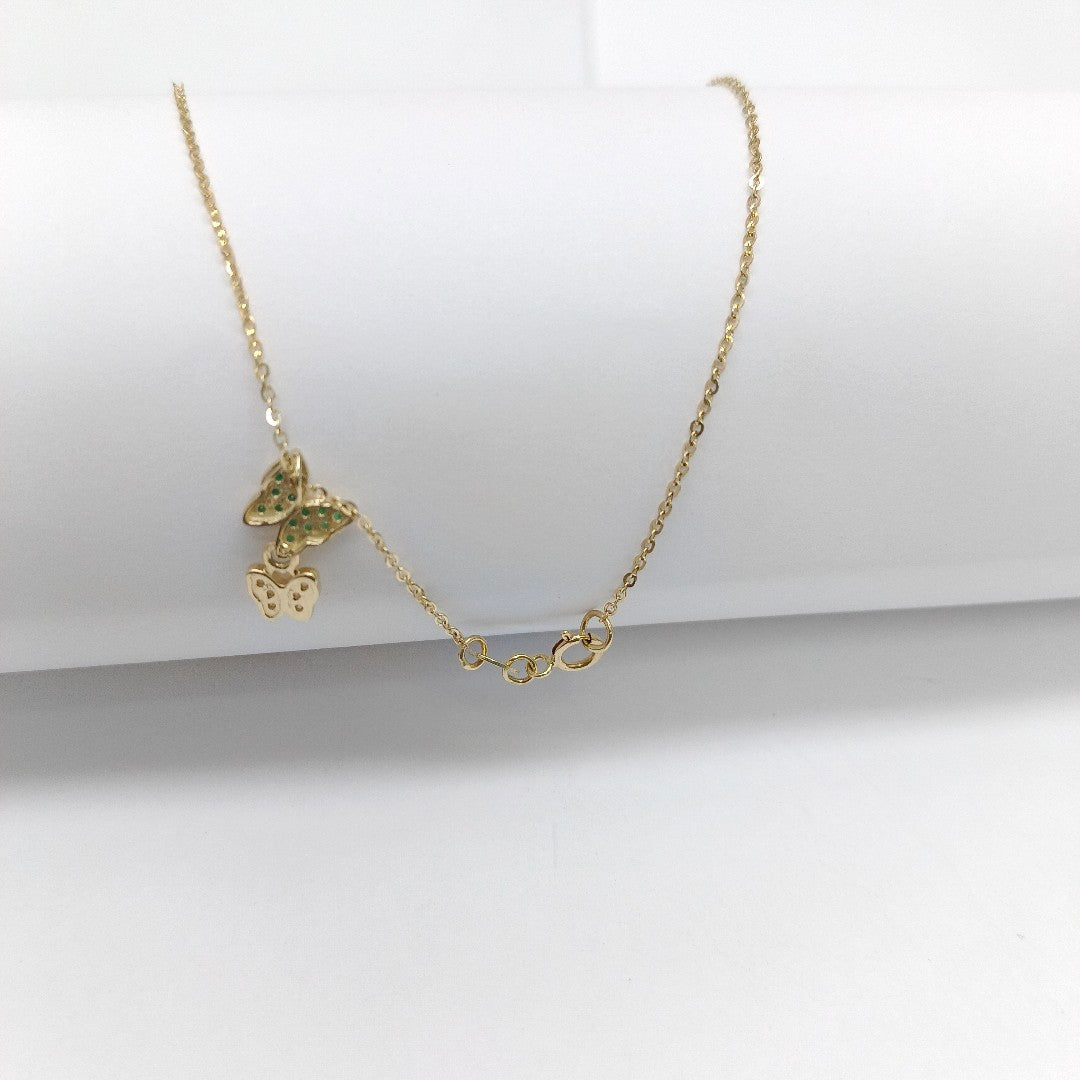 CADENA TEJIDO GARGANTILLA CON DIJE MARIPOSAS CIRCONIAS Y PIEDRAS DE COLOR 14K 45 CM 2 GR (NUEVO)