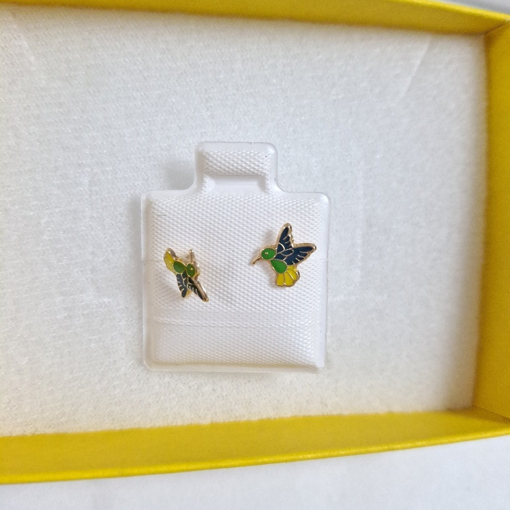 BROQUELES BROQUEL FIG COLIBRI ESMALTE VERDE 14K 0.2138 GR (NUEVO)