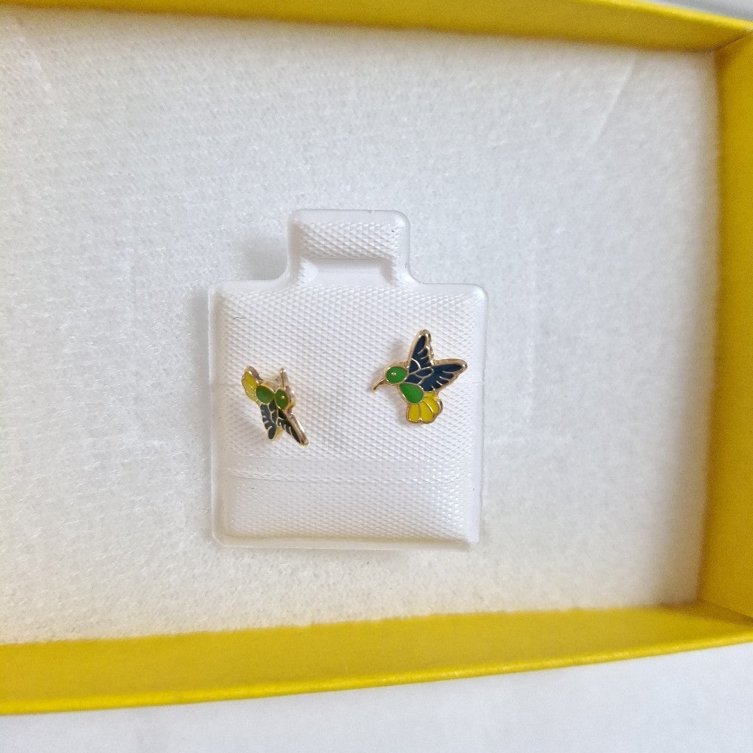 BROQUELES BROQUEL FIG COLIBRI ESMALTE VERDE 14K 0.2138 GR (NUEVO)