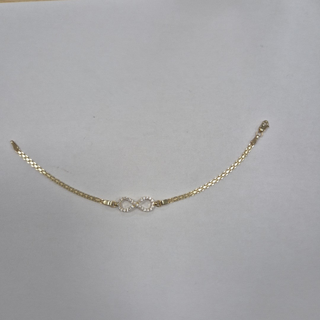 PULSERA TEJIDO ESPECIAL CON INFINITO Y CIRCONIAS 14K 18 CM 3.4 GR (NUEVO)