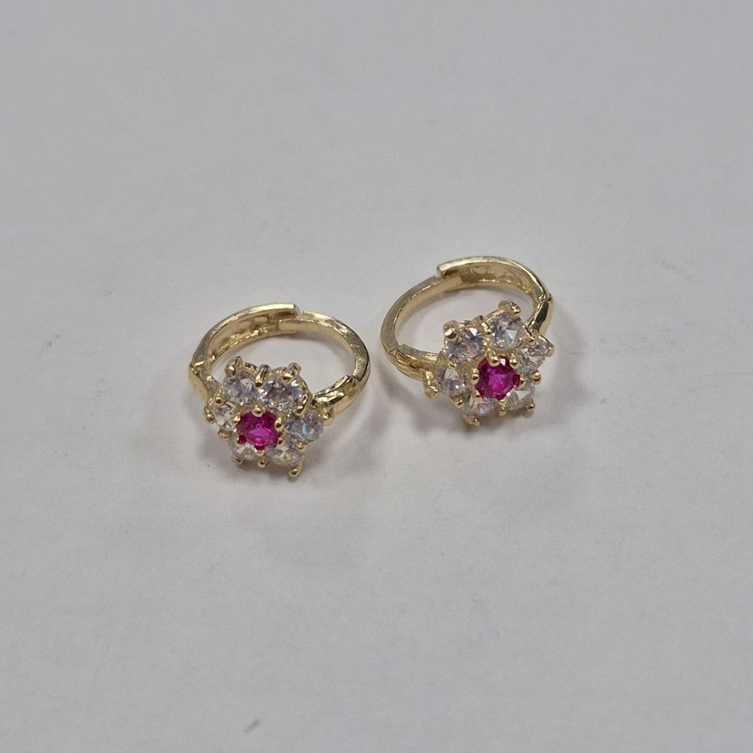 ARETES HUGGIES CON CIRCONIAS Y PIEDRA DE COLOR 14K 1.8 GR (NUEVO)