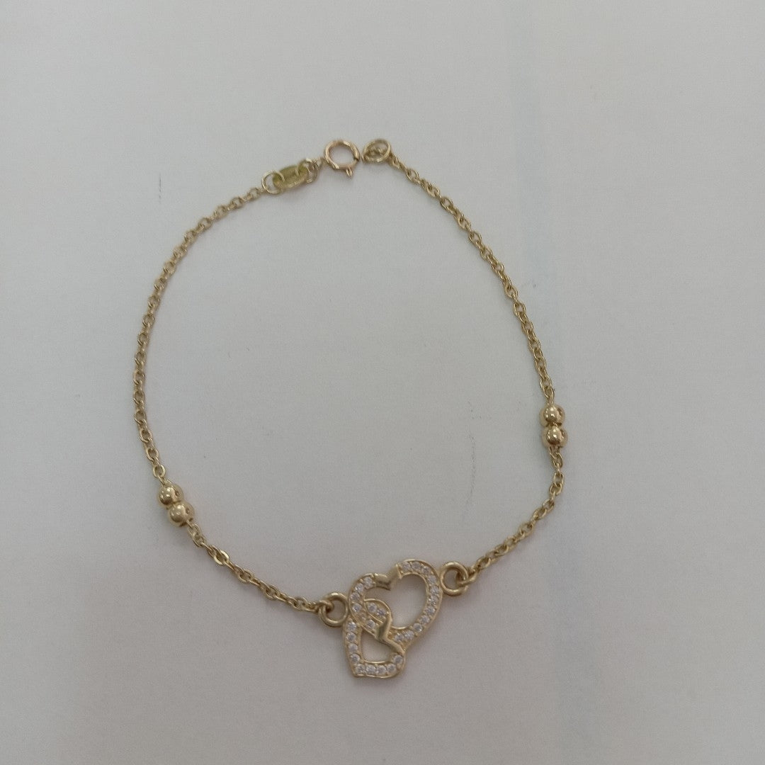 PULSERA TEJIDO ESPECIAL CORAZONES CON CIRCONIAS 14K 18 CM 2.4 GR (NUEVO)
