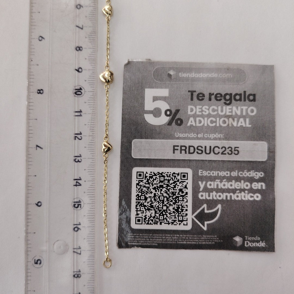 PULSERA TEJIDO ESPECIAL CON CORAZONES 14K 18 CM 1.7 GR (NUEVO)