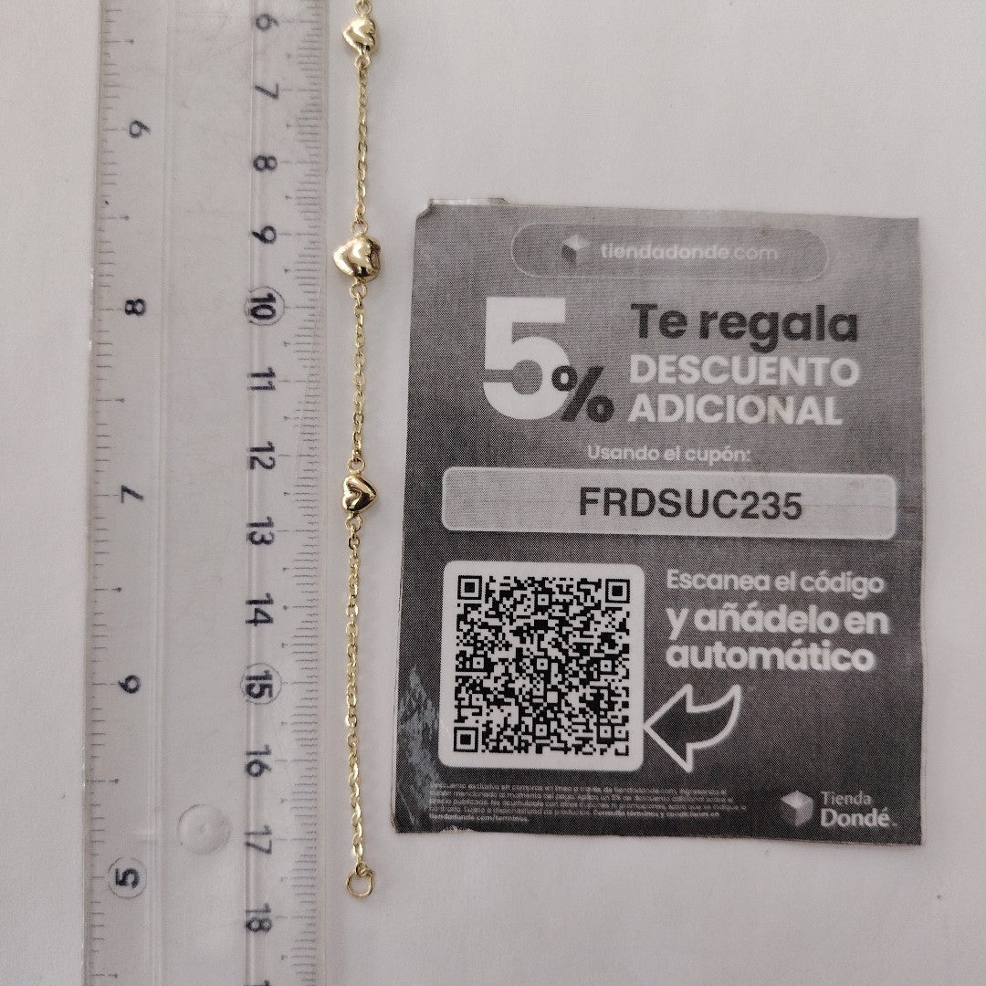 PULSERA TEJIDO ESPECIAL CON CORAZONES 14K 18 CM 1.7 GR (NUEVO)