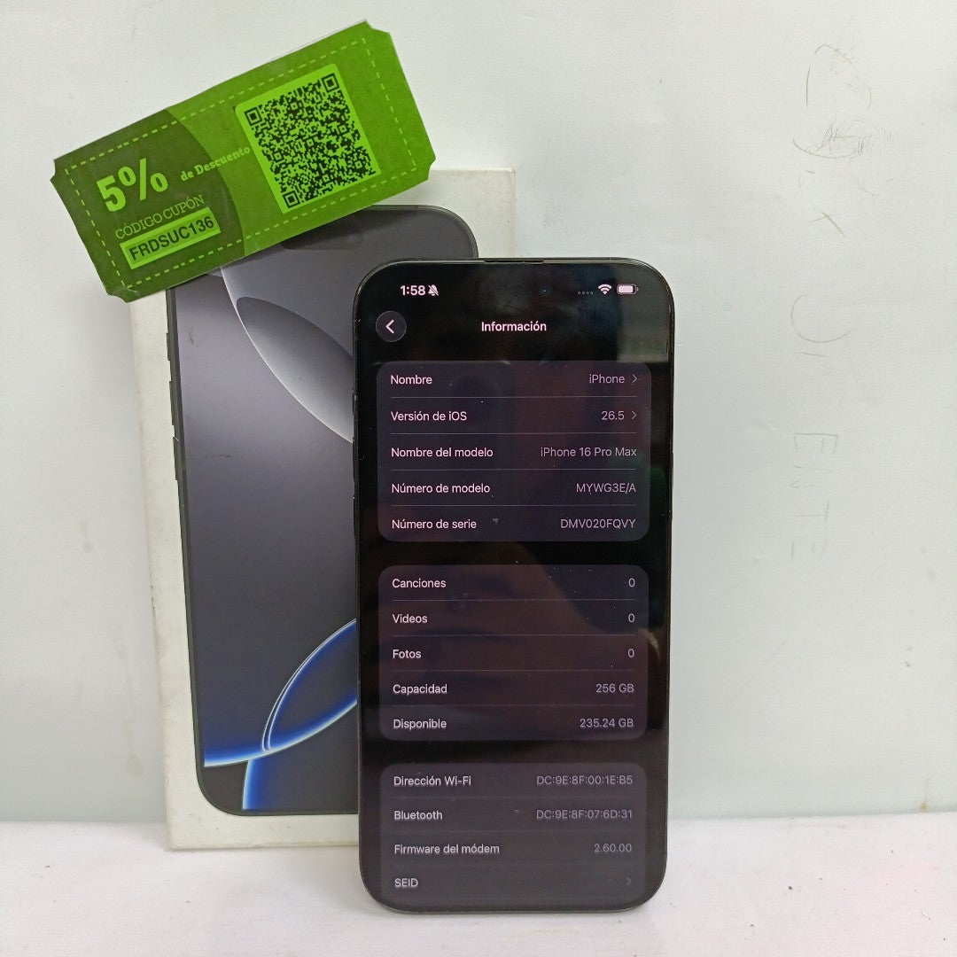 CELULAR APPLE IPHONE 16 PRO MAX A3295 (2024) 256 GB 8 GB RAM (SEMINUEVO)