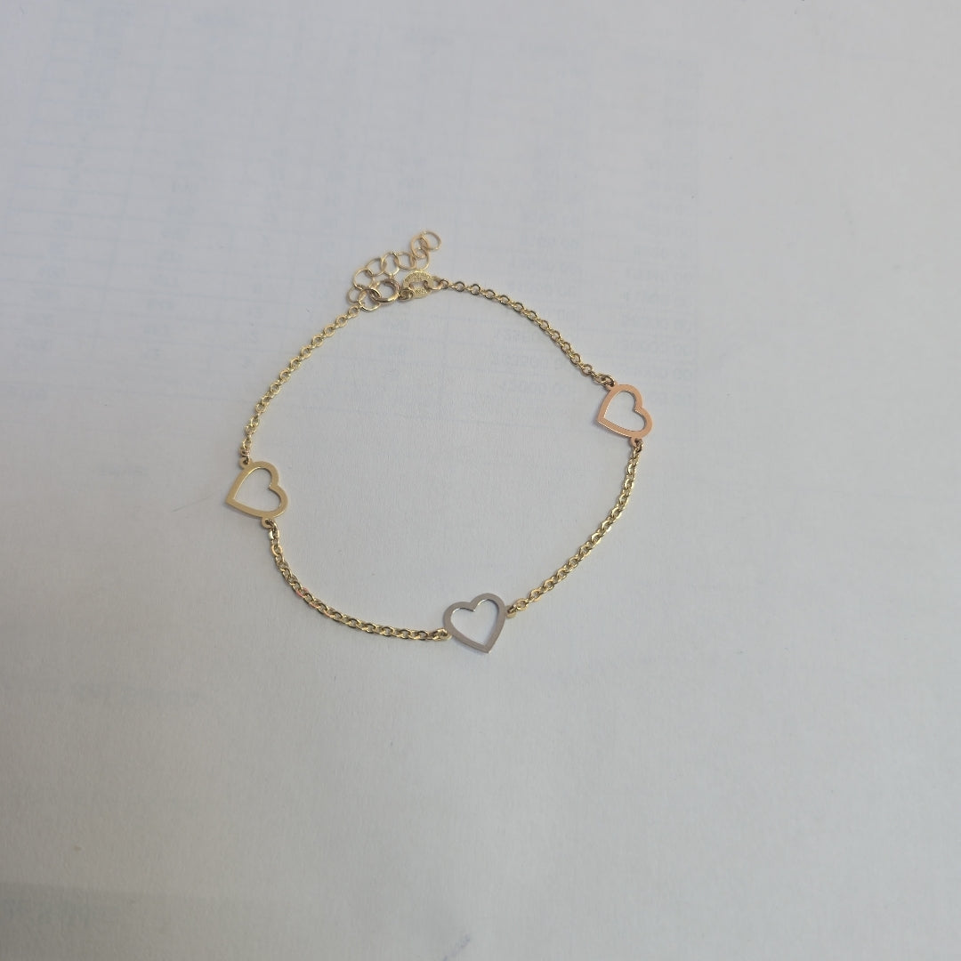 PULSERA ESPECIAL CON CORAZONES CONBINADOS 14K 18 CM 1.7 GR (NUEVO)
