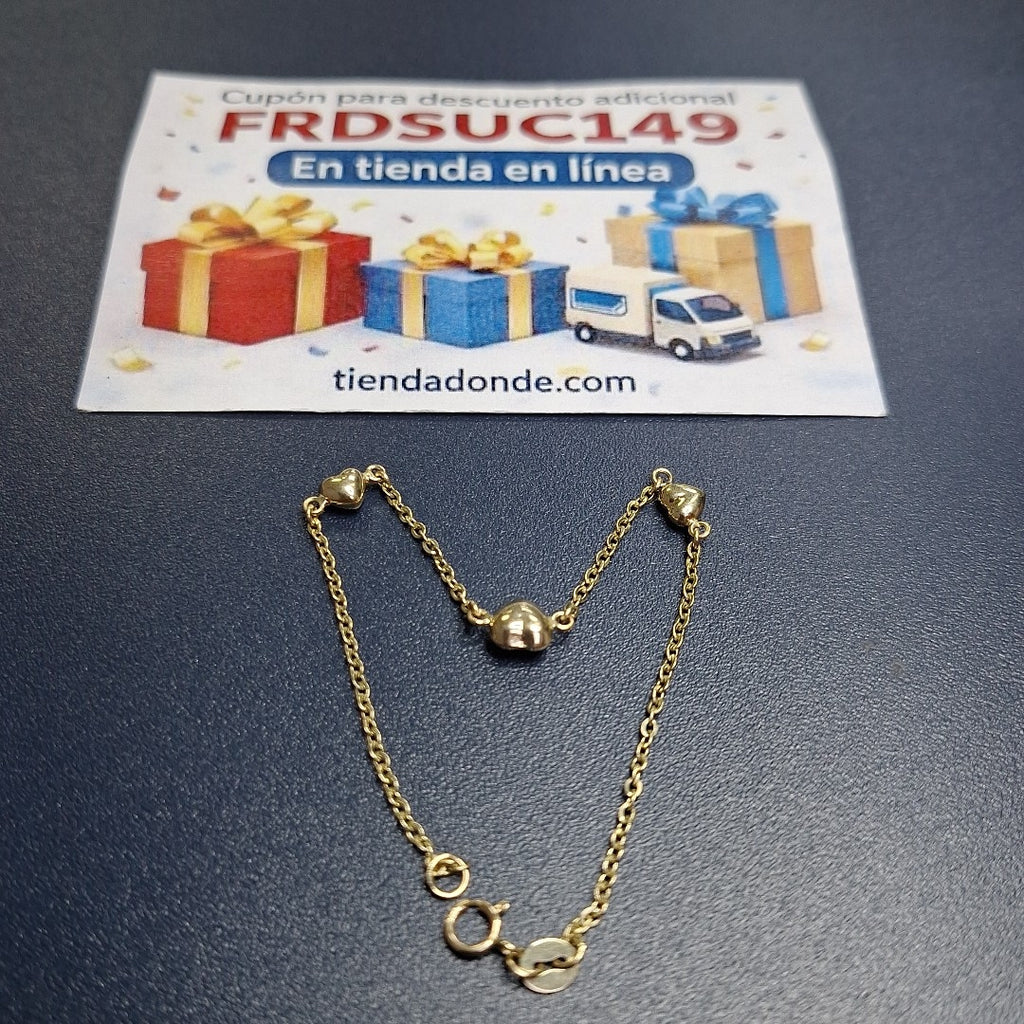 PULSERA TEJIDO ESPECIAL CON CORAZONES 14K 18 CM 1.6 GR (NUEVO)