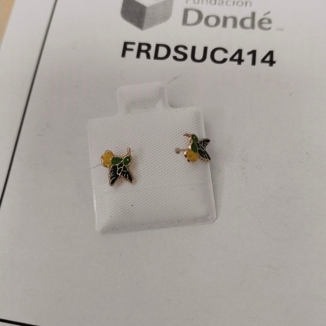 BROQUELES BROQUEL FIG COLIBRI ESMALTE VERDE 14K 0.2138 GR (NUEVO)