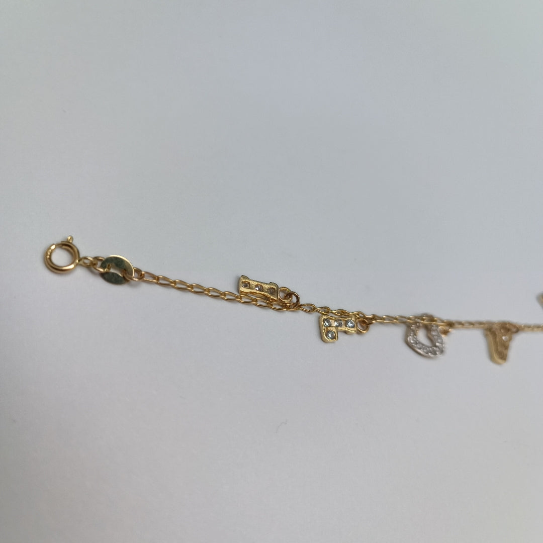 PULSERA ESPECIAL CON DIJES Y CIRCONIAS 14K 18 CM 3.3 GR (NUEVO)