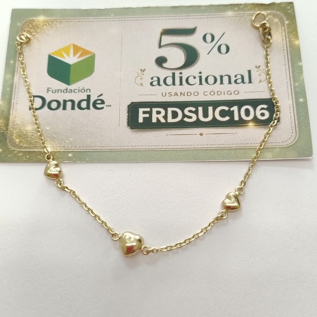 PULSERA TEJIDO ESPECIAL CON CORAZONES 14K 18 CM 1.6 GR (NUEVO)