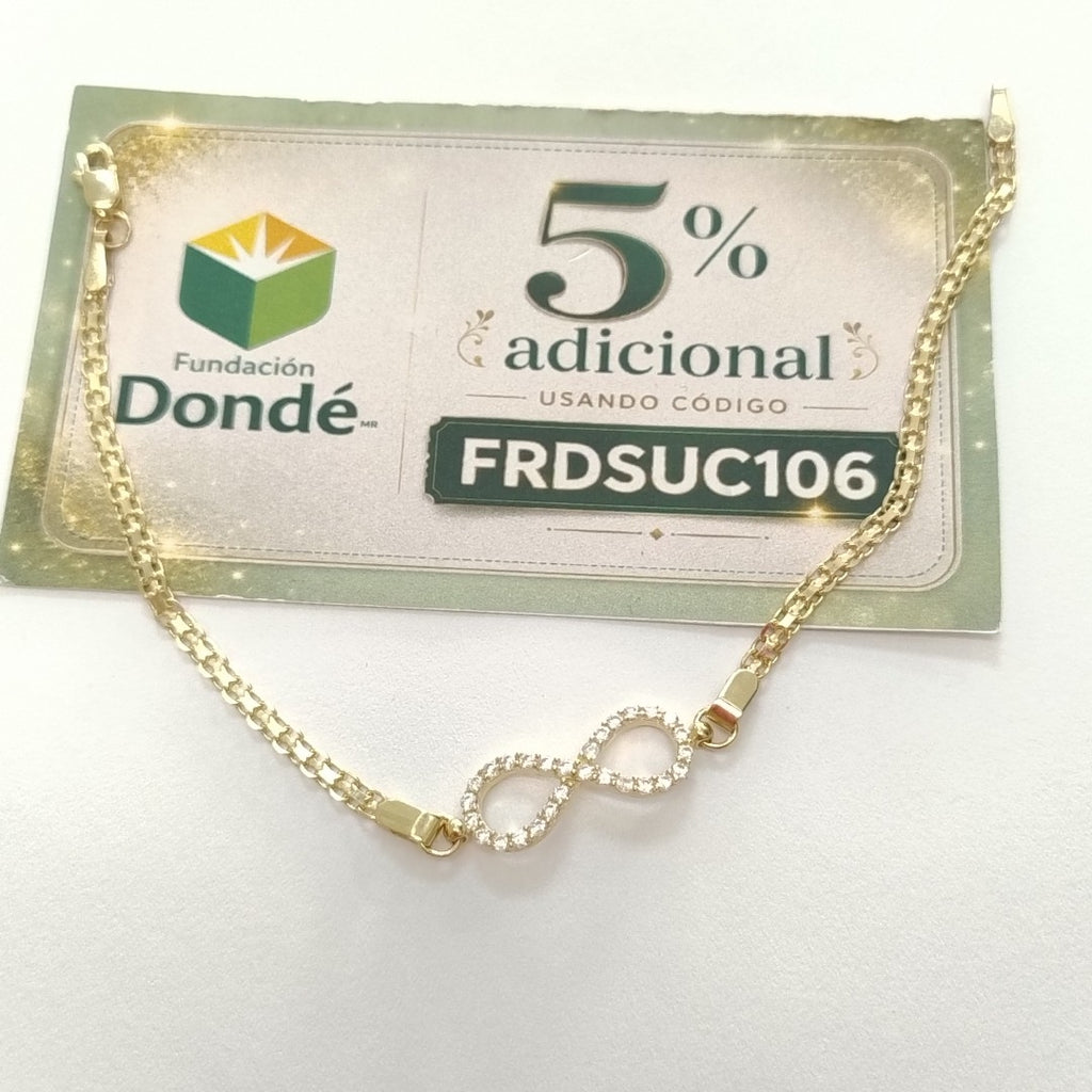 PULSERA TEJIDO ESPECIAL CON INFINITO Y CIRCONIAS 14K 18 CM 3.3 GR (NUEVO)