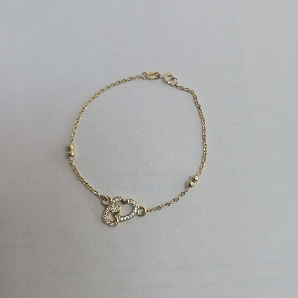 PULSERA TEJIDO ESPECIAL CORAZONES CON CIRCONIAS 14K 18 CM 2.4 GR (NUEVO)