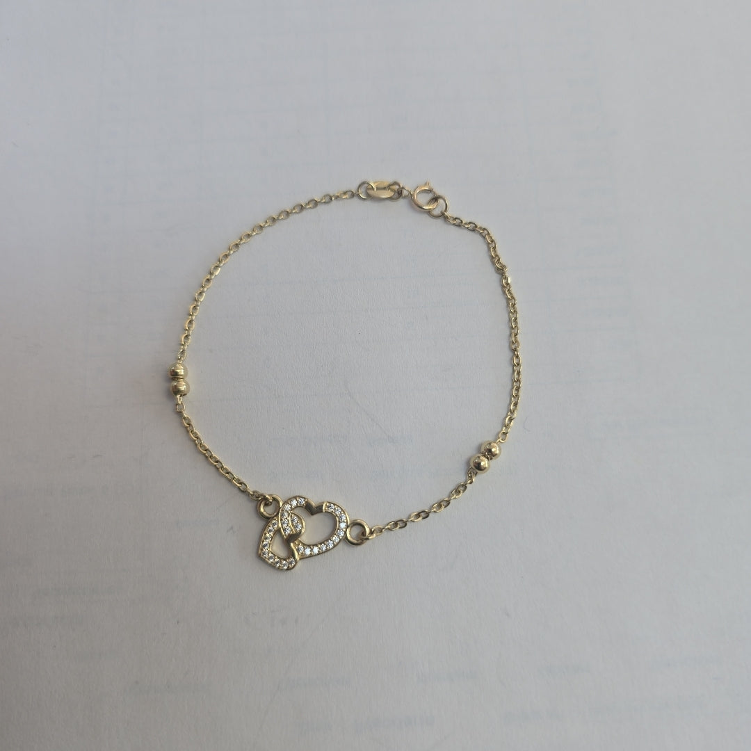 PULSERA TEJIDO ESPECIAL CORAZONES CON CIRCONIAS 14K 18 CM 2.4 GR (NUEVO)