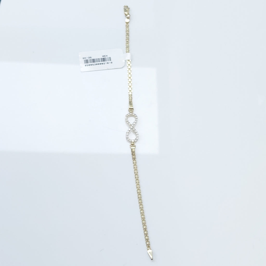 PULSERA TEJIDO ESPECIAL CON INFINITO Y CIRCONIAS 14K 18 CM 3.4 GR (NUEVO)