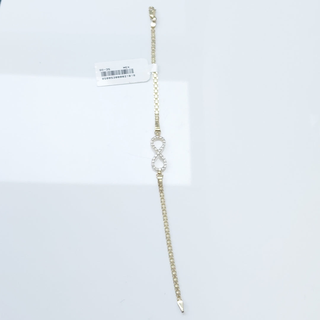PULSERA TEJIDO ESPECIAL CON INFINITO Y CIRCONIAS 14K 18 CM 3.4 GR (NUEVO)