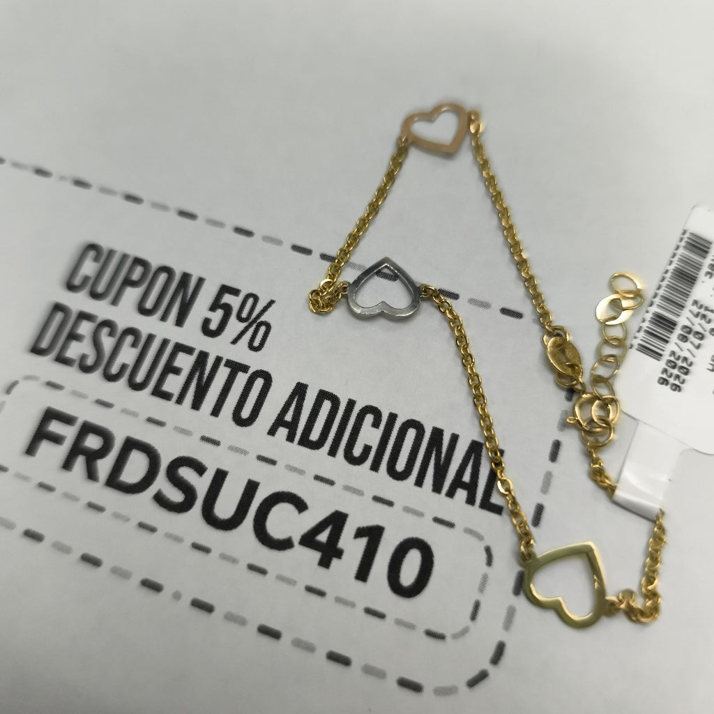 PULSERA ESPECIAL CON CORAZONES CONBINADOS 14K 18 CM 1.7 GR (NUEVO)